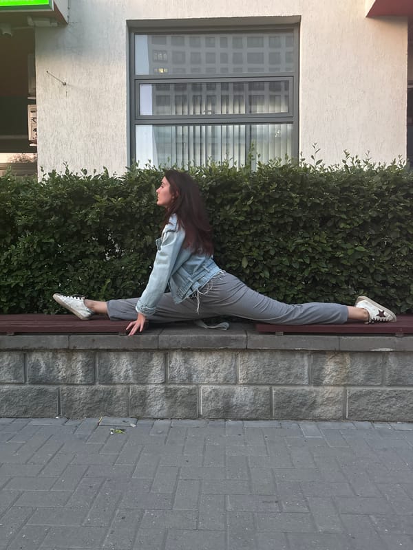 Woman performs athletic poses across multiple Tyumen locations