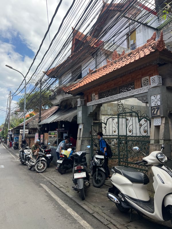 Street life and architecture along a busy Kuta road