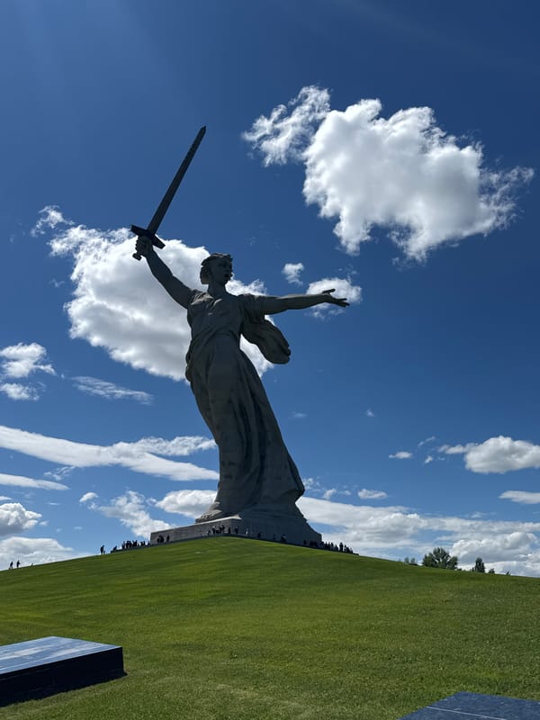 Visitor documents Volgograd's Motherland Calls memorial complex during morning visit