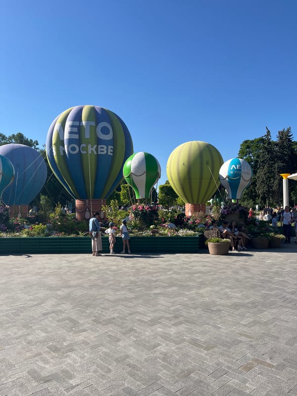 Hot air balloon display observed in tree-lined public space