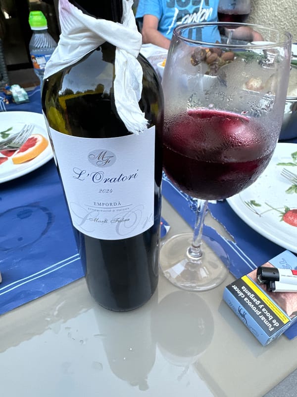 Outdoor summer meal with grilled meats, vegetables, and wine