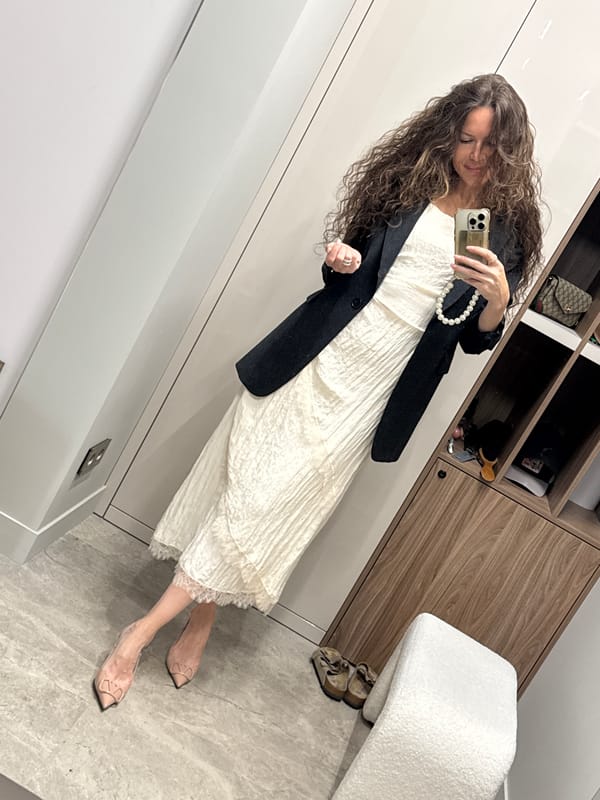 Mirror selfie in a Khimki dressing room, cream lace midi dress