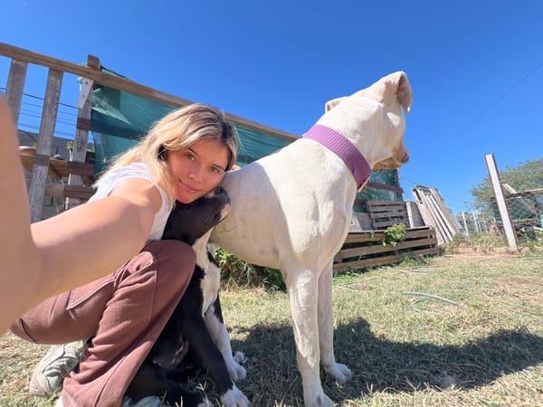 Woman takes selfies with dogs in Sumalao, Argentina backyard