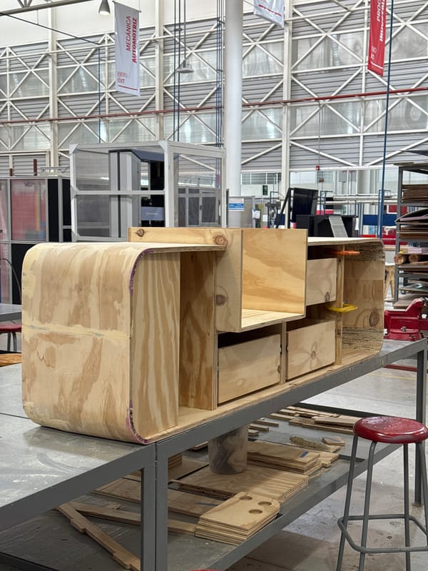 Wooden storage unit under construction in Mexico workshop