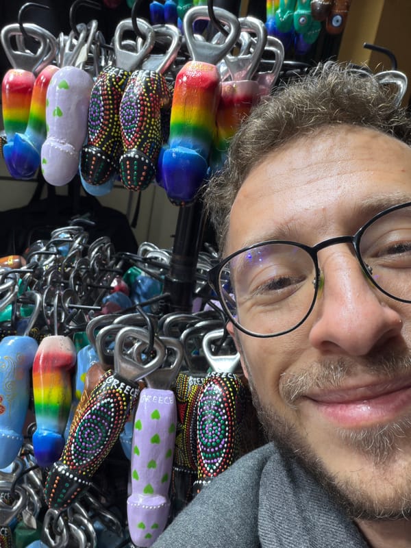 Tourist takes selfies while souvenir shopping in Athens