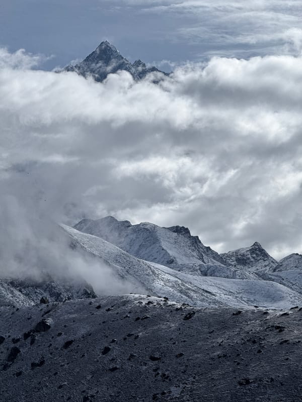 Mountain photography with prayer flags documented in Khumjung, Nepal
