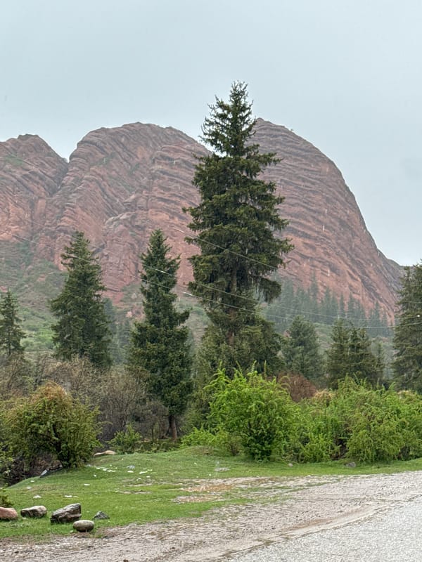 Tourist documents Kyrgyzstan mountain landscape after rainfall