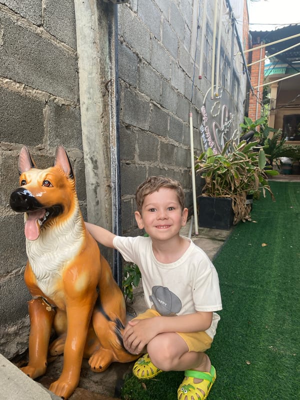 Children play with dog statue in Vietnamese coastal ward