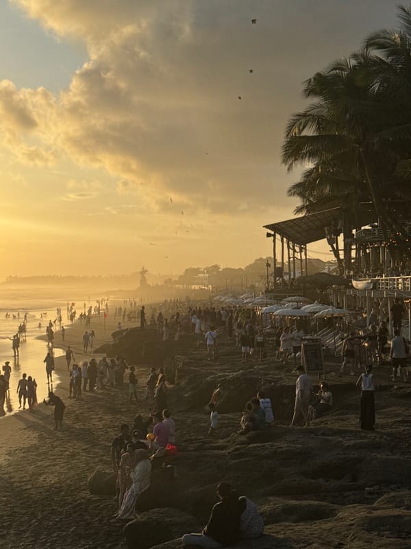 Sunset beach gathering draws crowds in North Kuta, Indonesia