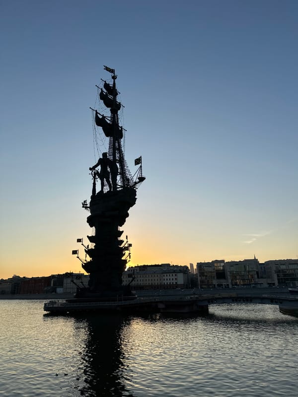 Peter the Great Statue silhouetted against Moscow sunset