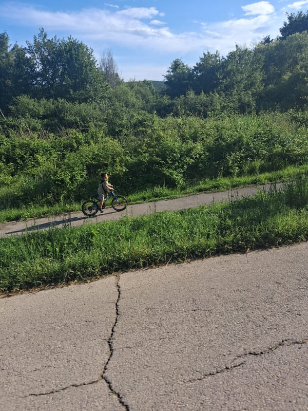 Boy cycles on marked road in Shkorpilovtsi, Bulgaria
