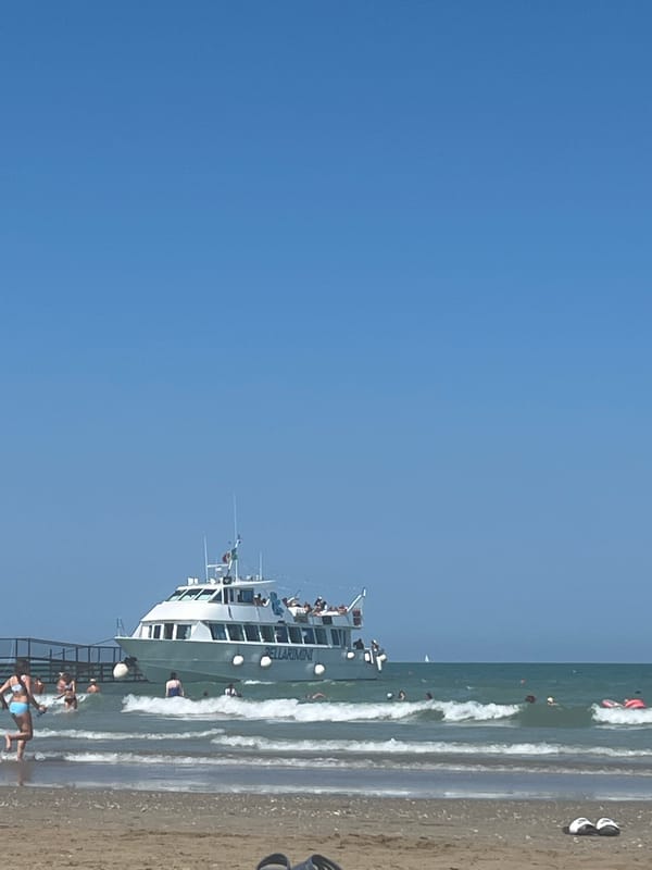 Kites, boats, and swimmers on a Rimini summer afternoon