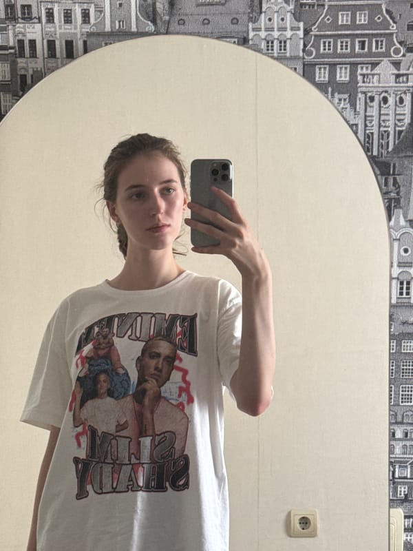 Casual home snapshots: selfies, a sleeping beagle, bathroom shelf