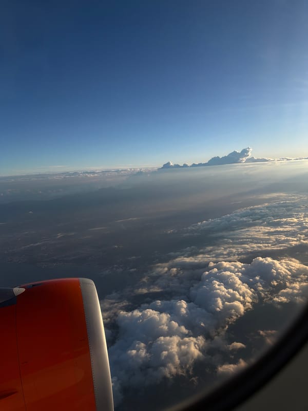 Aerial view captured from airplane window over Palma, Spain