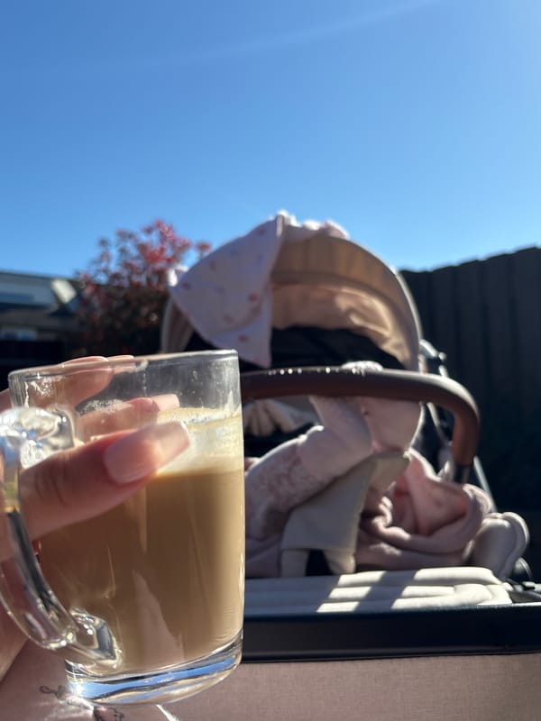 Morning coffee break with baby stroller in Veghel