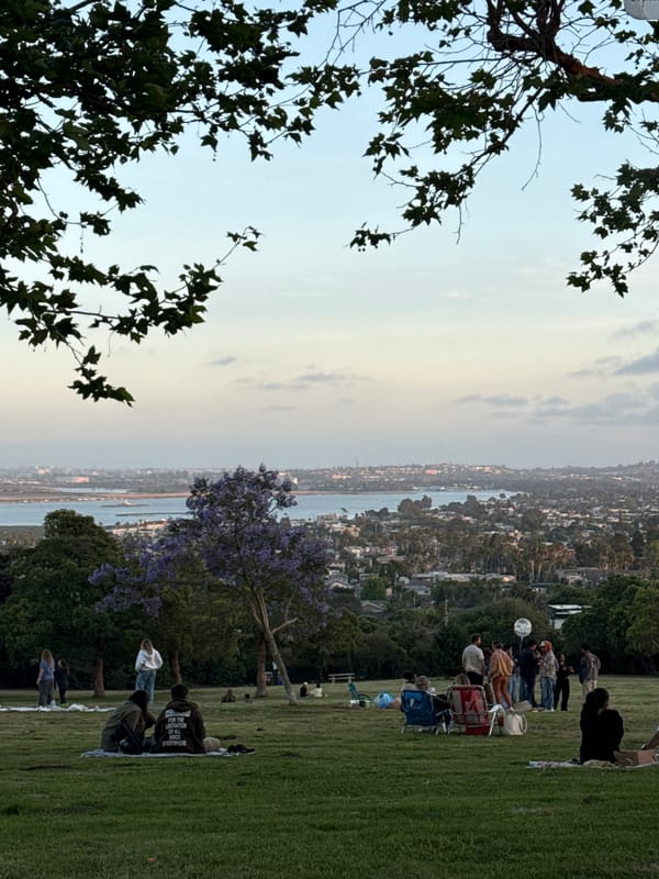 Early morning hillside gathering overlooks San Diego waterfront