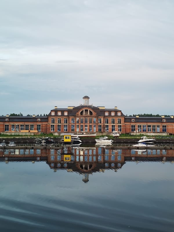 Waterfront brick building observed in Gorodnya, Russia
