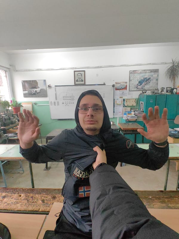 Friends take playful selfies in Sofia classroom