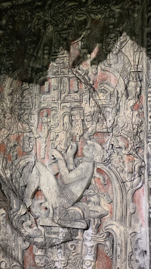 Ancient Mayan-style stone carvings observed showing weathered figures and glyphs