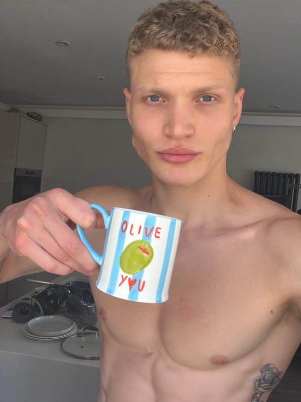 Morning kitchen moment with an 'Olive You' mug in London