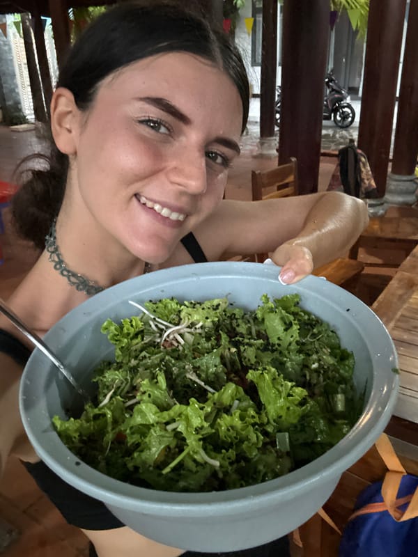 Woman prepares salad, relaxes with kitten in Mũi Né pavilion