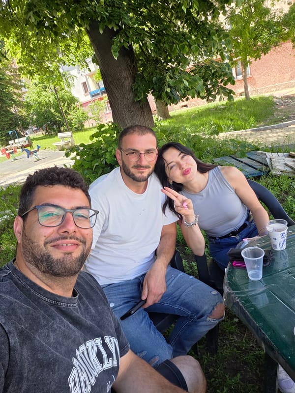 Group takes selfie in Rudozem, Bulgaria