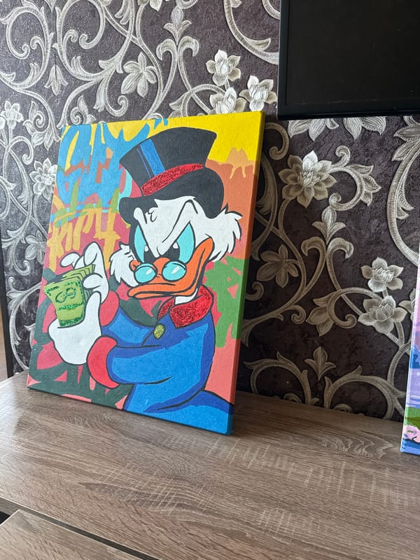 Canvas painting of Scrooge McDuck-like character photographed