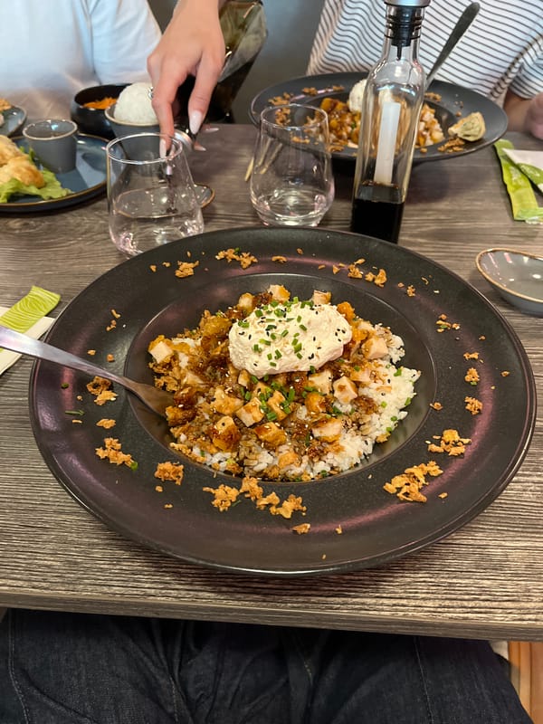 Diner enjoys sushi restaurant meal in Andrézieux-Bouthéon, France