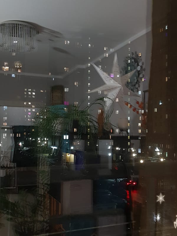 Window reflection captures home interior scene in Saint Petersburg