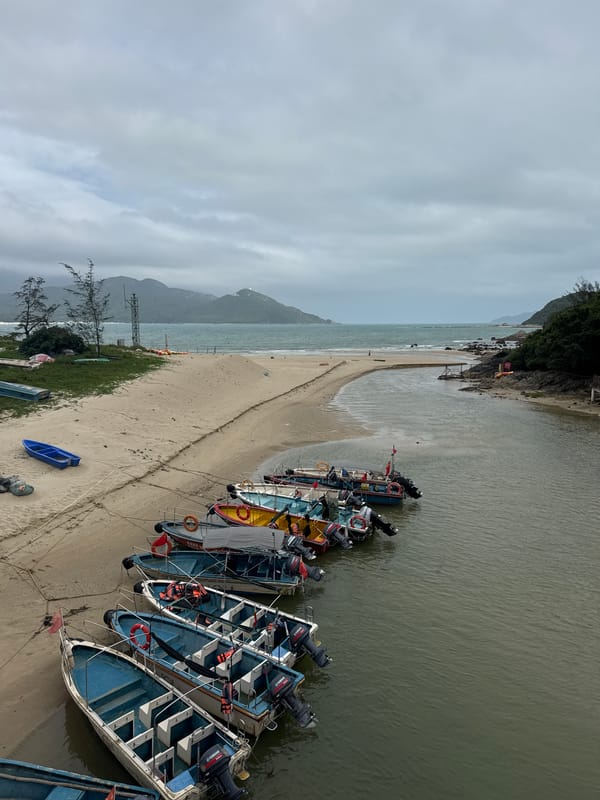 Blue fishing boats moored along waterway in Longgang District