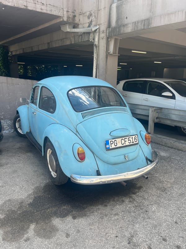 Blue VW Beetle spotted parked in Podgorica garage