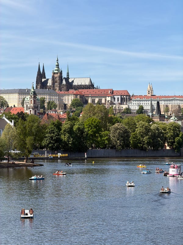 Paddle boats spotted on Prague's Vltava River near Charles Bridge