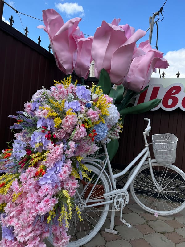 Flower-decorated white bicycle displayed on building in Novopokrovskaya, Russia