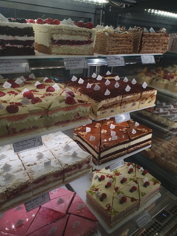 Inside a Batumi bakery's cake and pastry display