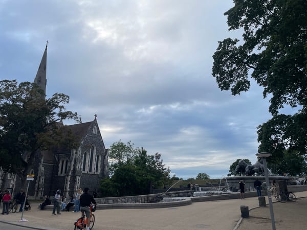 St. Alban's Church and Gefion Fountain on a cloudy Copenhagen afternoon