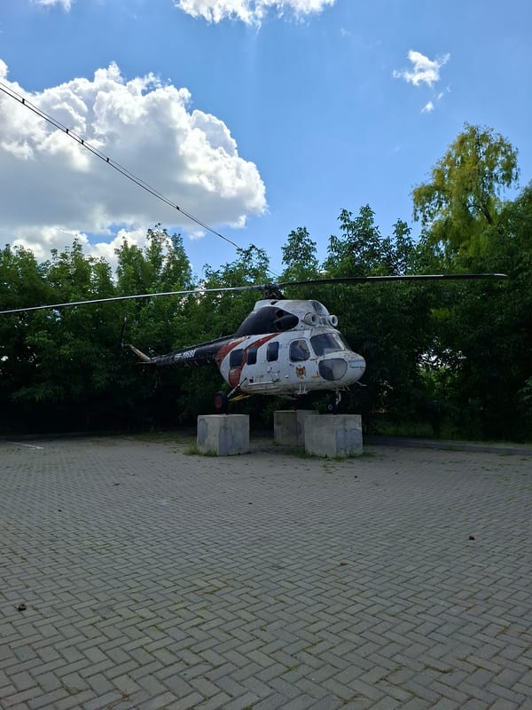 Retired Moldaeroservice Mi-2 helicopter on static display in Ialoveni
