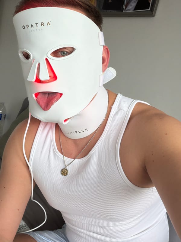London resident uses LED light therapy mask in bed