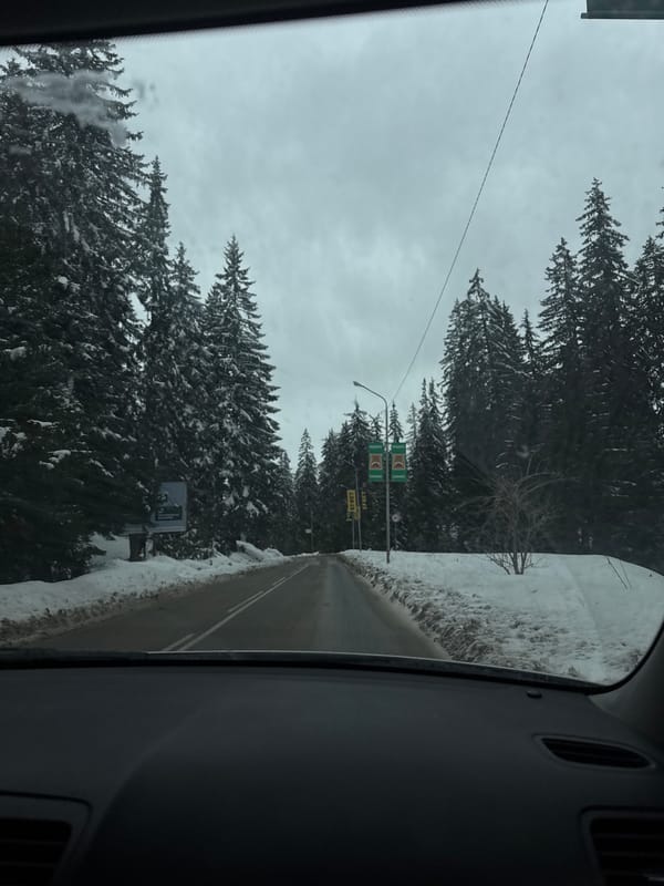 Winter driving conditions documented on snowy Bulgarian mountain road