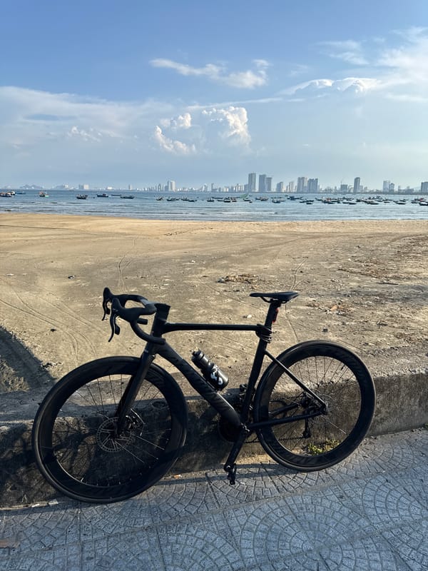 Pink-haired man with bicycle photographed on Đà Nẵng beach