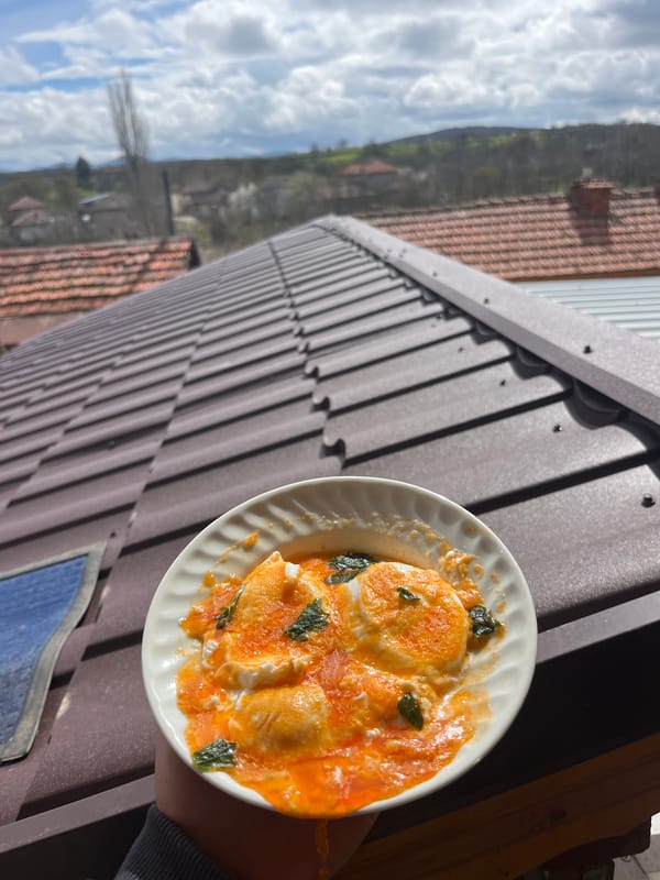 Rooftop lunch captured in Belitsa, Bulgaria