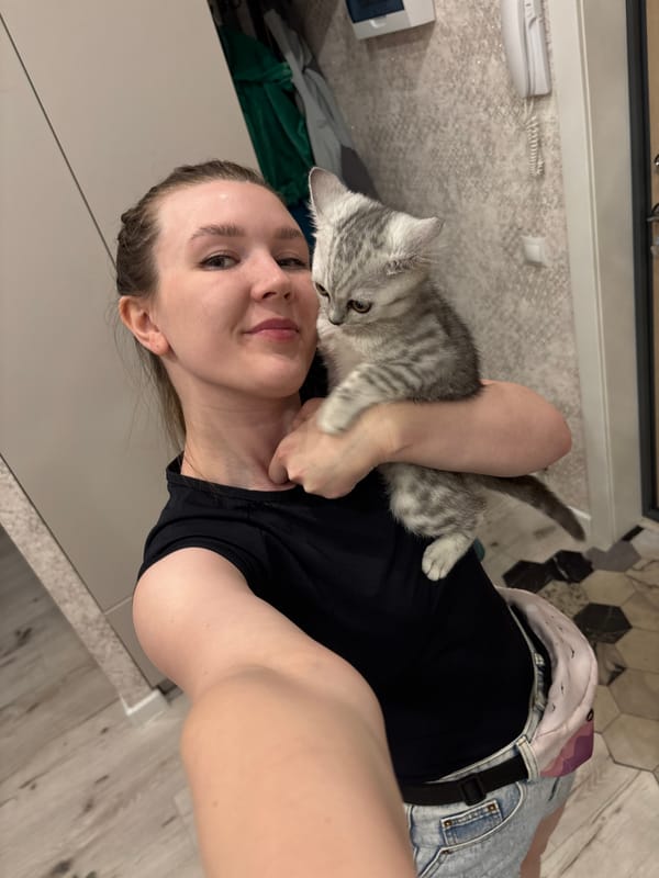 Woman takes selfies with gray kitten in Izhevsk apartment