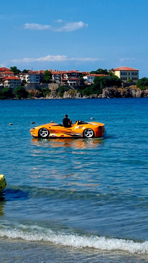 Orange car-boat turns heads on a sunny Sozopol beach