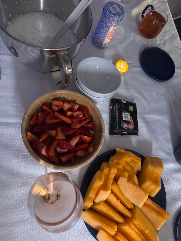 Elaborate meal with wine and desserts documented in Ariel