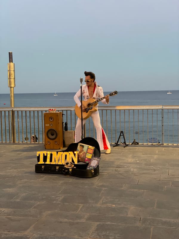 Elvis impersonator performs on Barcelona's seafront boardwalk