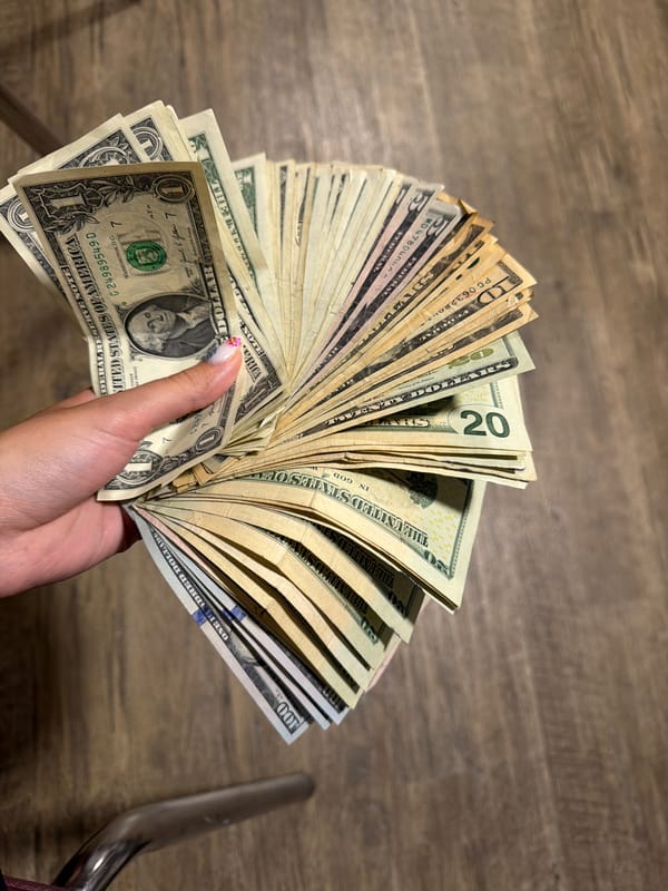 Person displays mixed cash denominations in Lake Delton