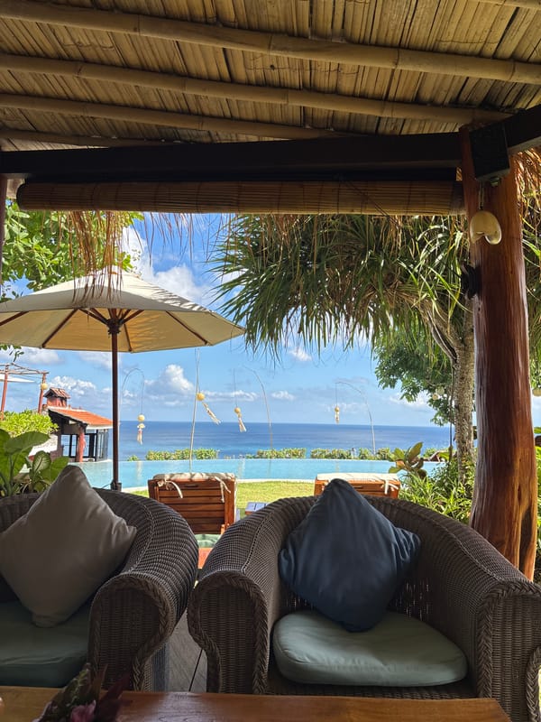 Morning coffee scene captured at oceanview patio in Kuta Selatan