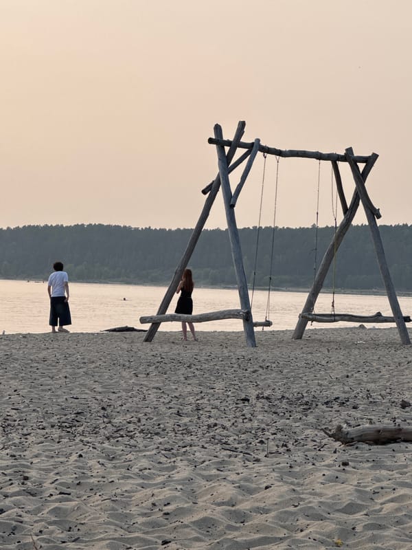 Hazy sunset over the Ob River beach, Novosibirsk