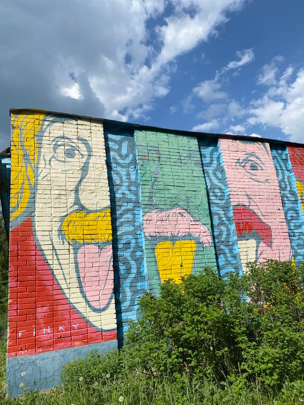 Urban landscape with murals, park, industrial chimneys documented