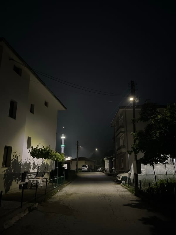 Nighttime street scene captured in Chepintsi, Bulgaria