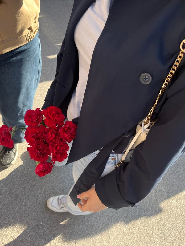 Two people hold red carnations on Ruse sidewalk